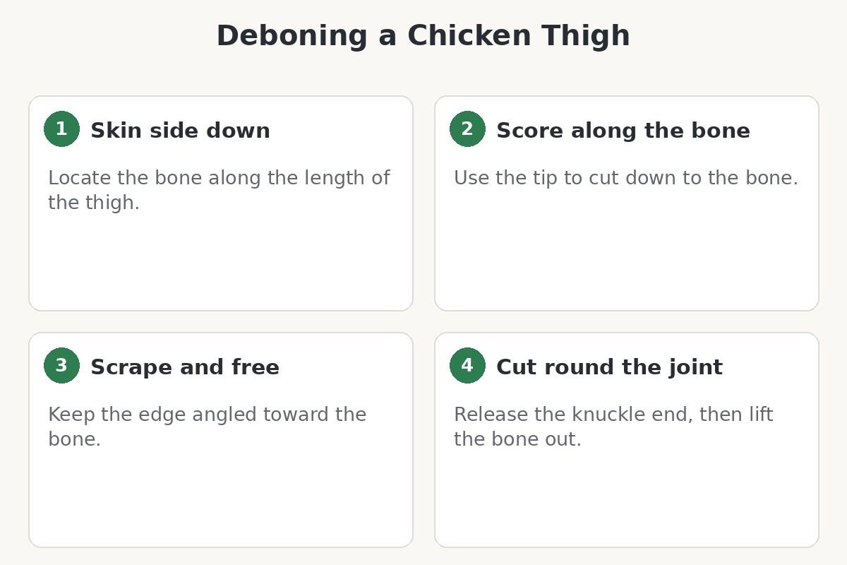 Step-by-step diagram for deboning a chicken thigh with a boning knife
