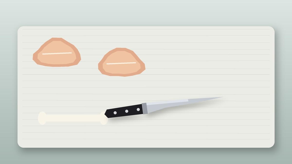Illustration of a boning knife beside chicken thighs and a removed bone
