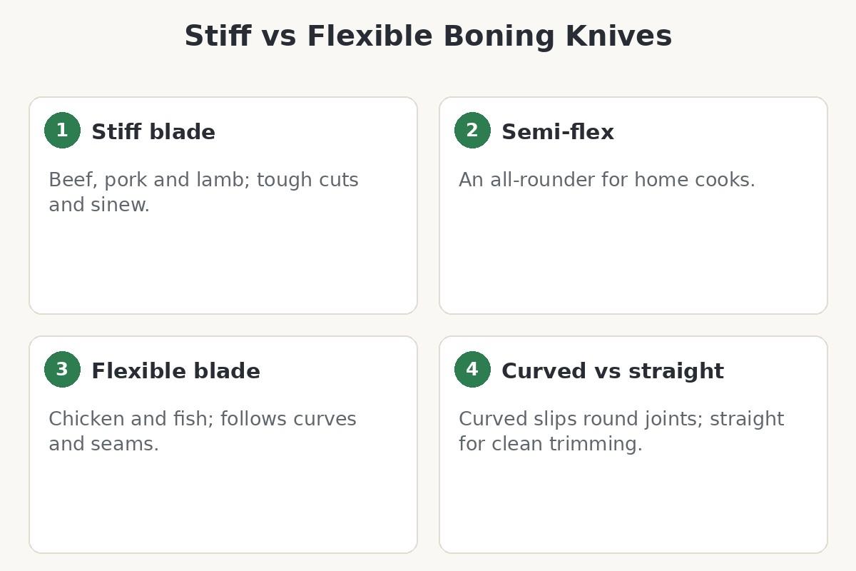 Diagram comparing stiff, semi-flexible and flexible boning knives