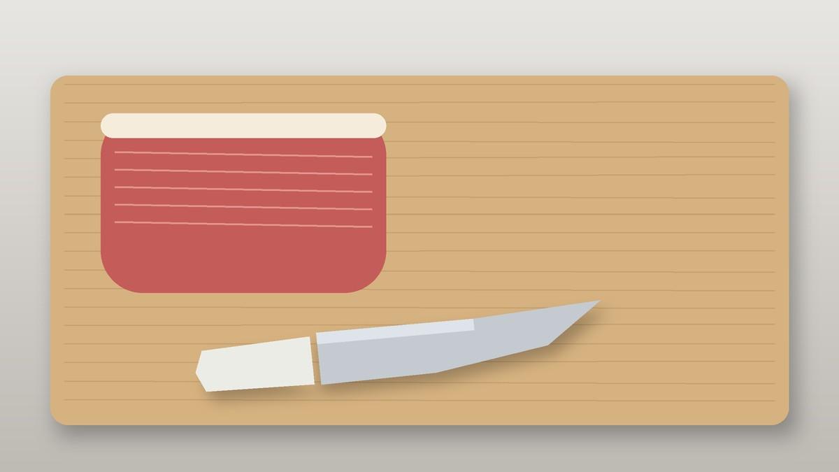 Illustration of a butcher's breaking knife beside a raw roast on a cutting board