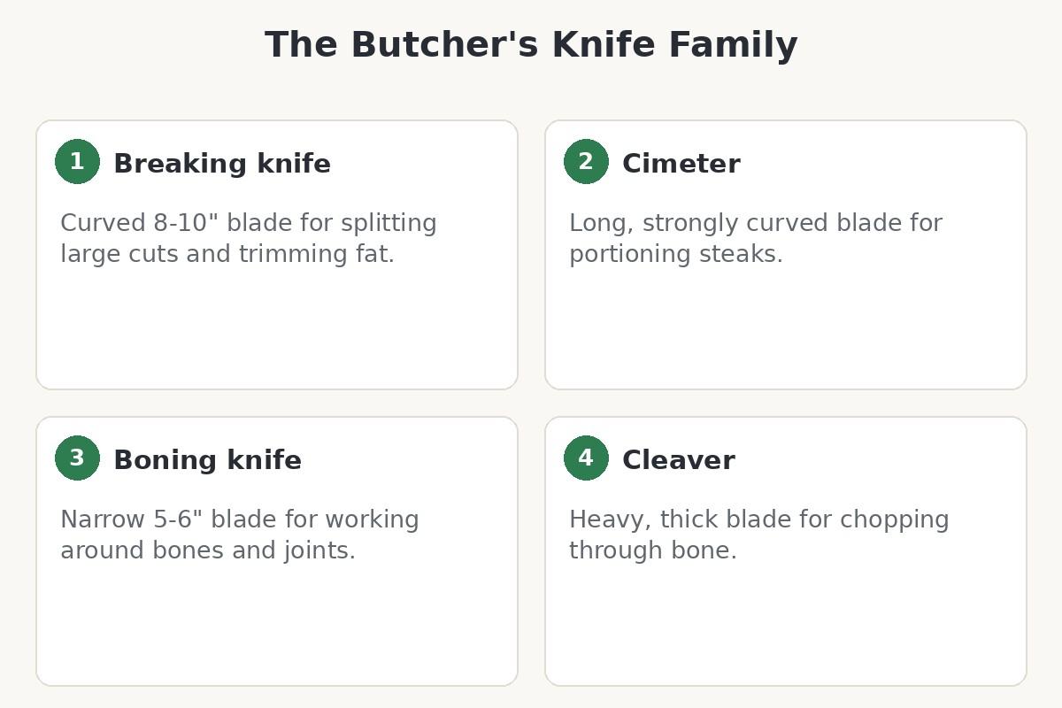 Diagram of the butcher's knife family: breaking knife, cimeter, boning knife and cleaver