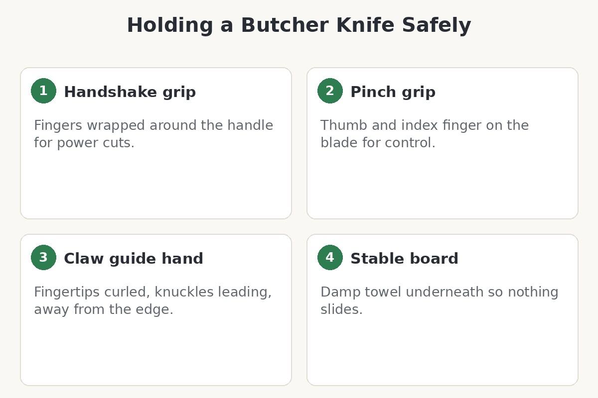 Diagram showing how to hold a butcher knife safely with handshake and pinch grips