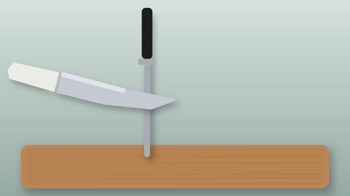 Illustration of a butcher knife being honed on a steel resting on a cutting board