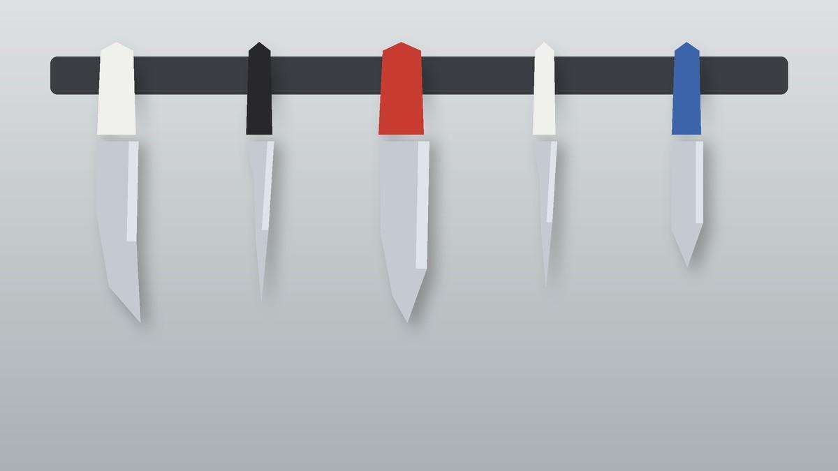 Illustration of five butcher knives with colored handles hanging on a magnetic rack