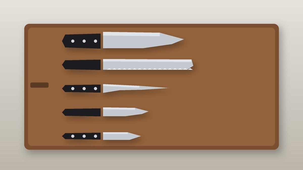 Illustration of a leather knife roll holding five professional kitchen knives