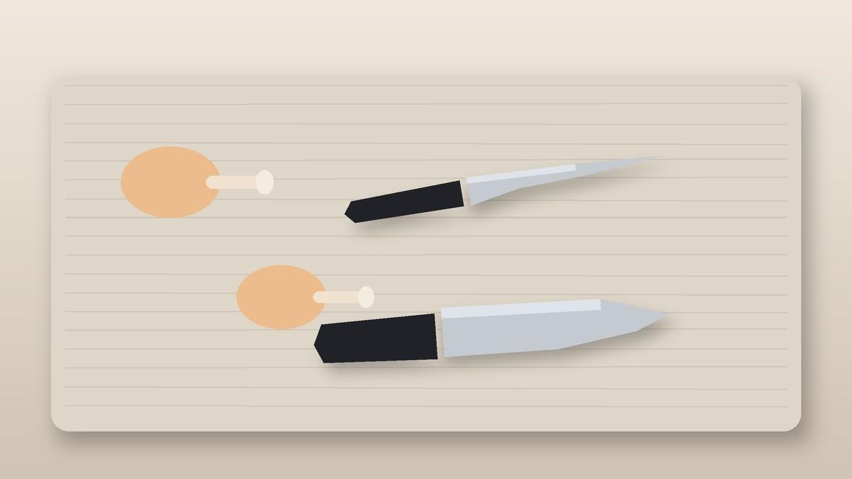 Illustration of a boning knife and chef's knife beside chicken drumsticks on a cutting board