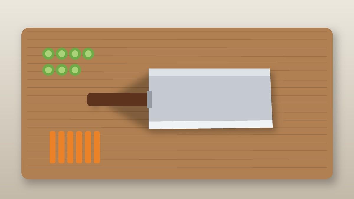 Illustration of a Chinese cleaver on a wooden board with sliced cucumber and carrot sticks
