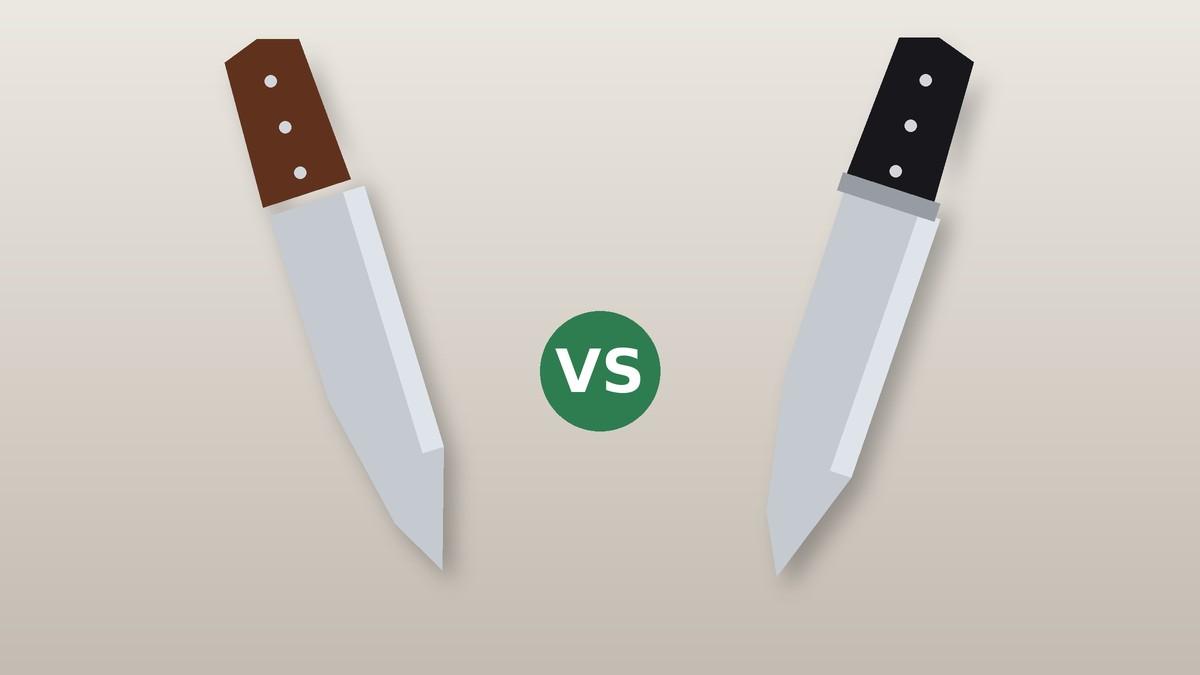 Illustration of two chef's knives facing each other for a Cutco vs Wüsthof comparison
