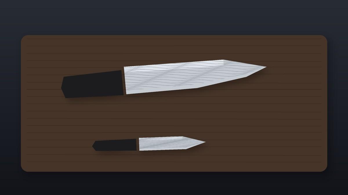 Illustration of two Damascus pattern kitchen knives on a dark wooden board