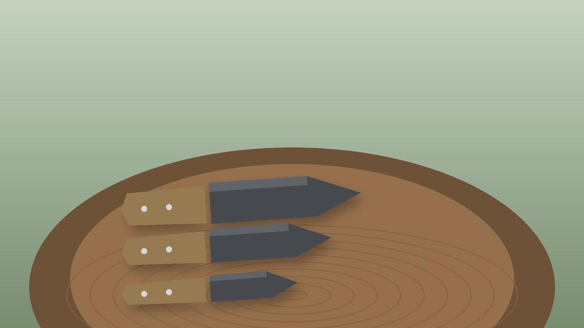 Illustration of three coated fixed blade outdoor knives of different sizes on a tree stump