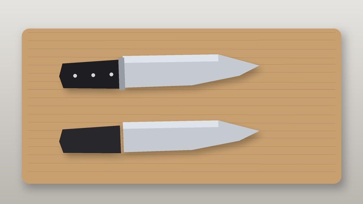 Illustration of a forged chef's knife with a bolster above a stamped chef's knife without one