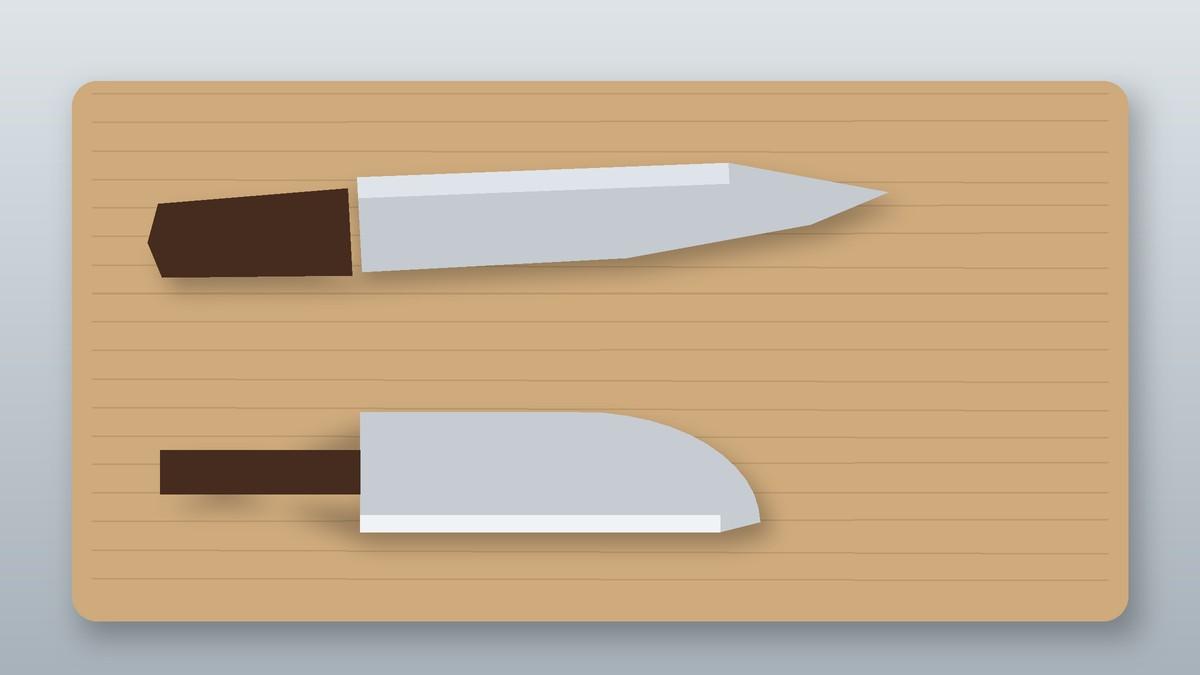 Illustration of a long gyuto knife above a shorter santoku knife on a cutting board