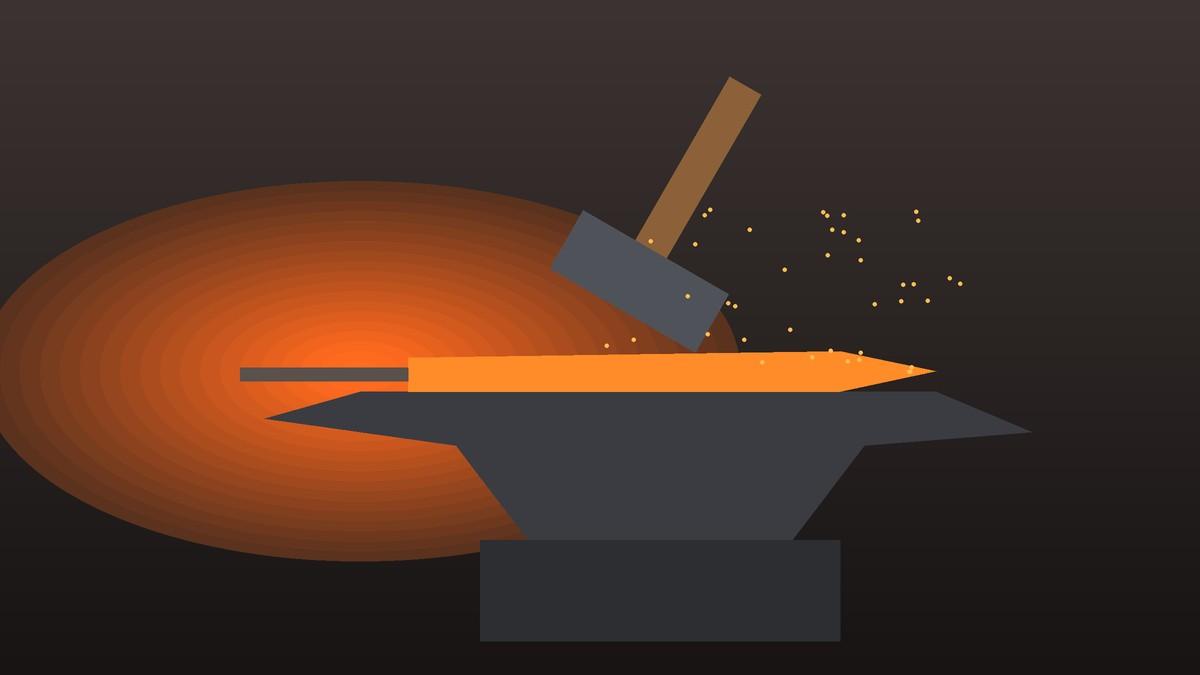 Illustration of a glowing blade being hand forged on an anvil