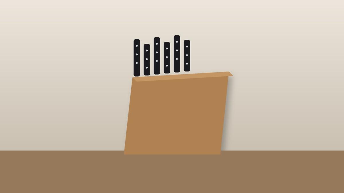 Illustration of a wooden knife block set with black riveted handles