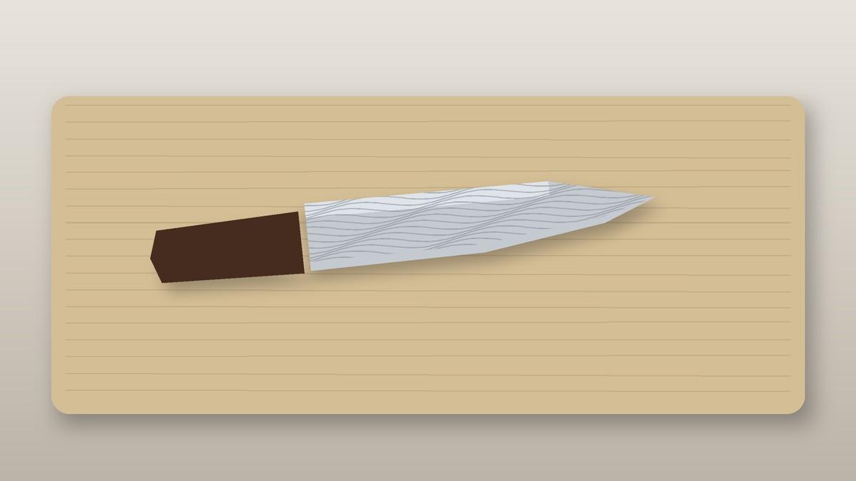 Illustration of a Japanese chef's knife with a layered blade on a wooden cutting board