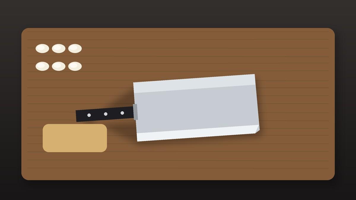 Illustration of a meat cleaver on a wooden board with garlic cloves and ginger