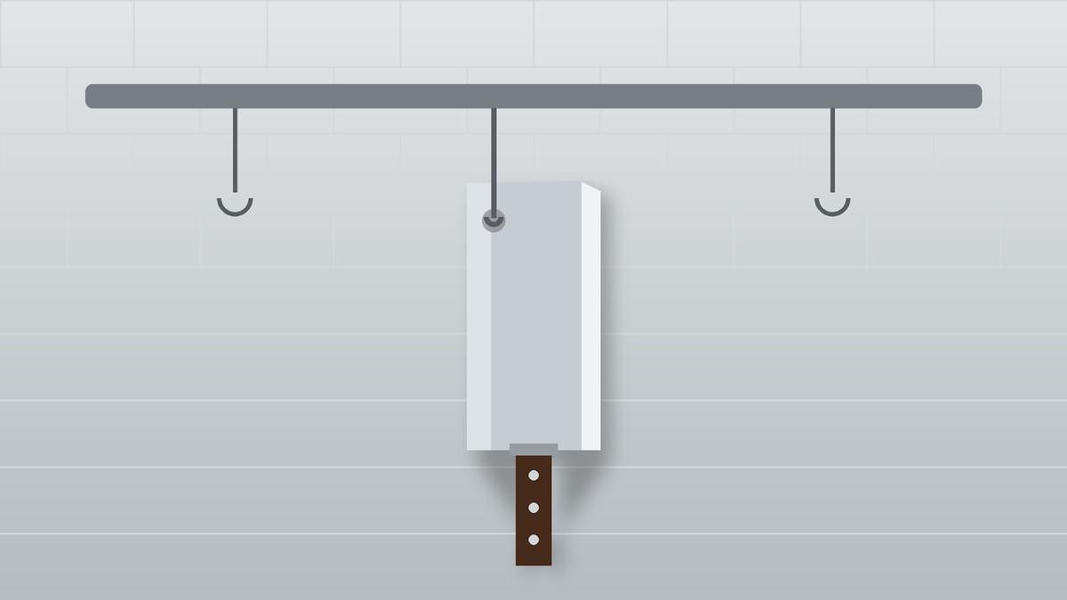 Illustration of a meat cleaver hanging from a kitchen rail hook by the hole in its blade