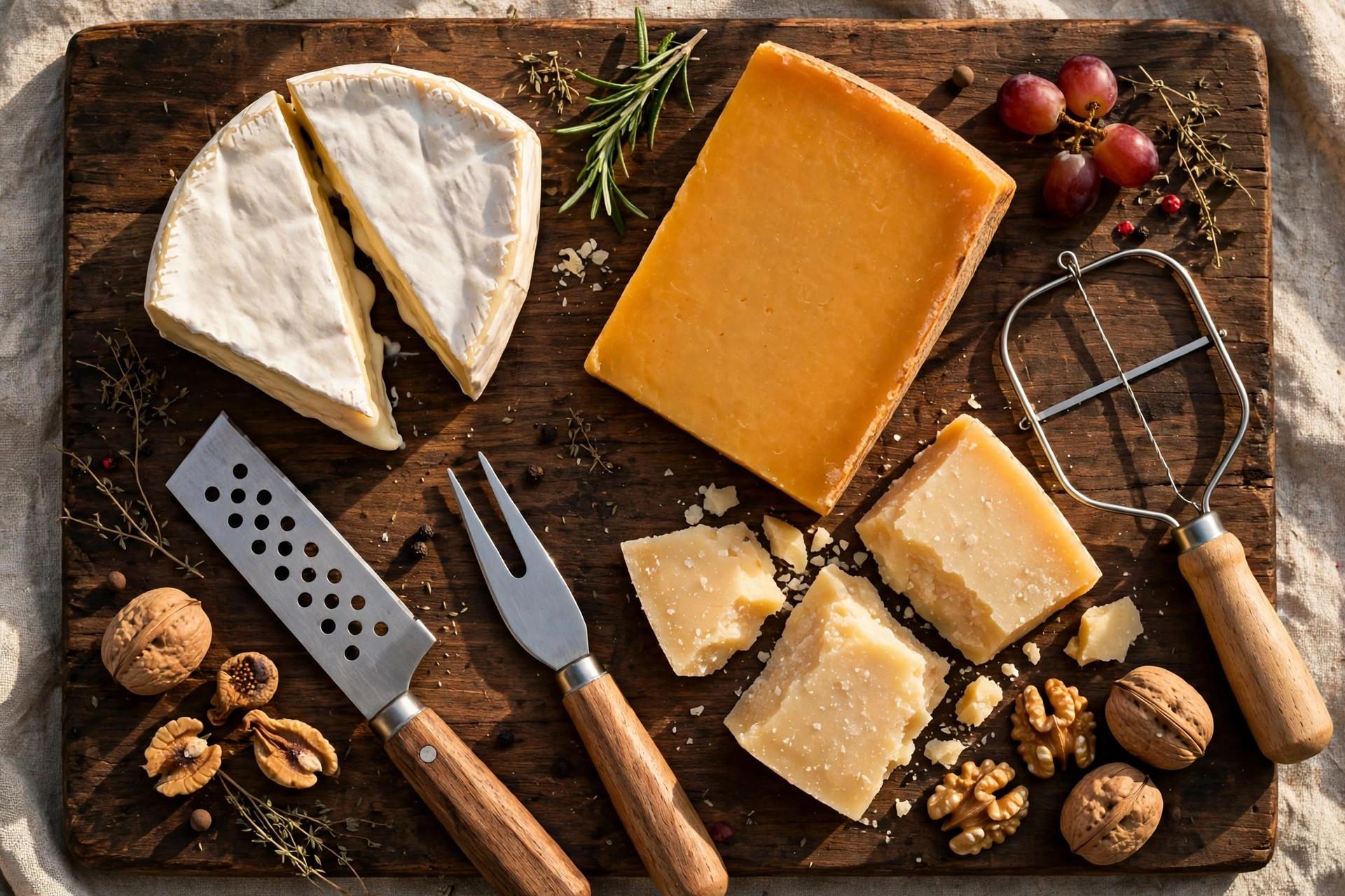Cheese board with brie, cheddar and parmesan beside a perforated soft-cheese knife, a forked-tip cheese knife and a wire cheese slicer