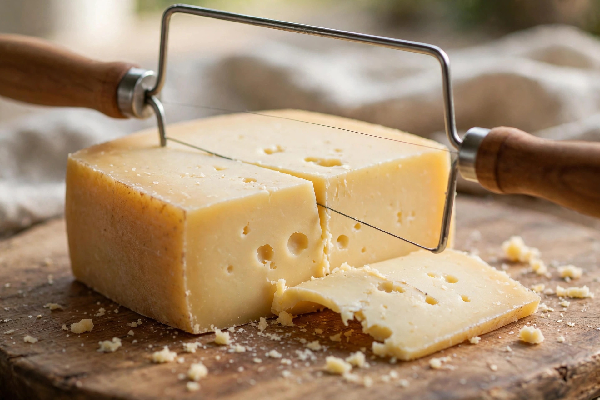 A wire cheese slicer cutting a clean slice from a block of semi-hard cheese