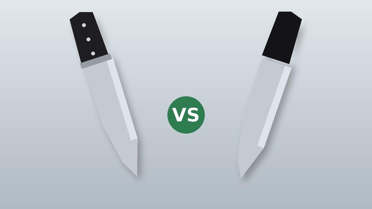 Illustration of two chef's knives facing each other for a Mercer vs Victorinox comparison