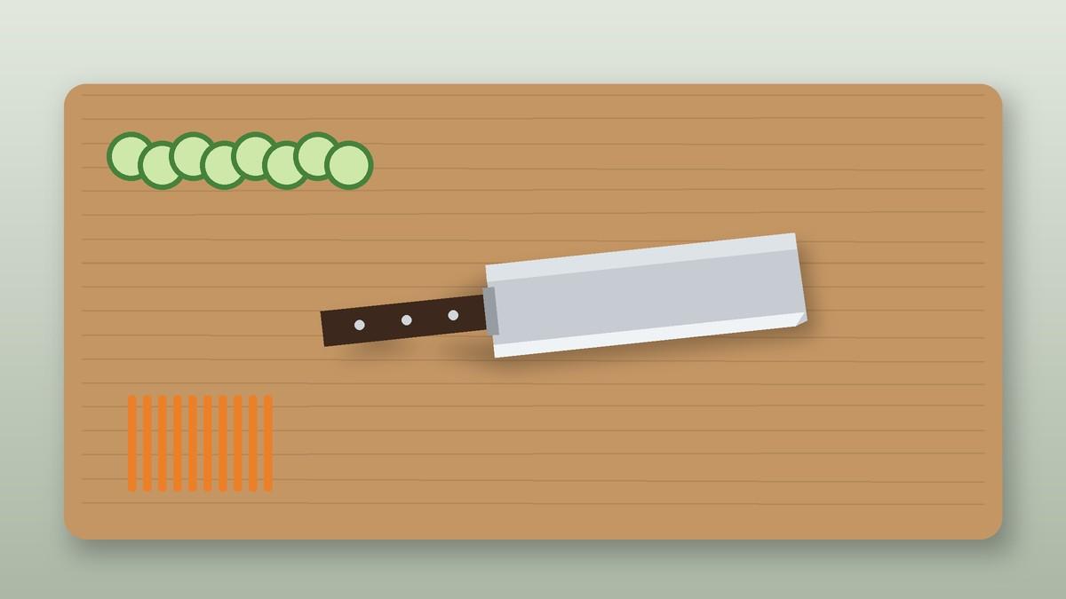 Illustration of a nakiri knife on a board with cucumber slices and carrot matchsticks