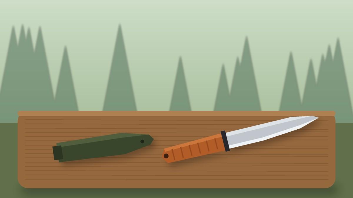 Illustration of a compact outdoor fixed-blade knife beside its sheath on a log