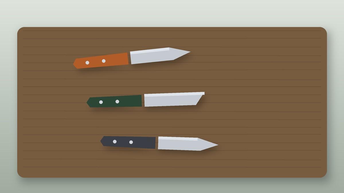 Illustration of three outdoor pocket knives on a wooden surface