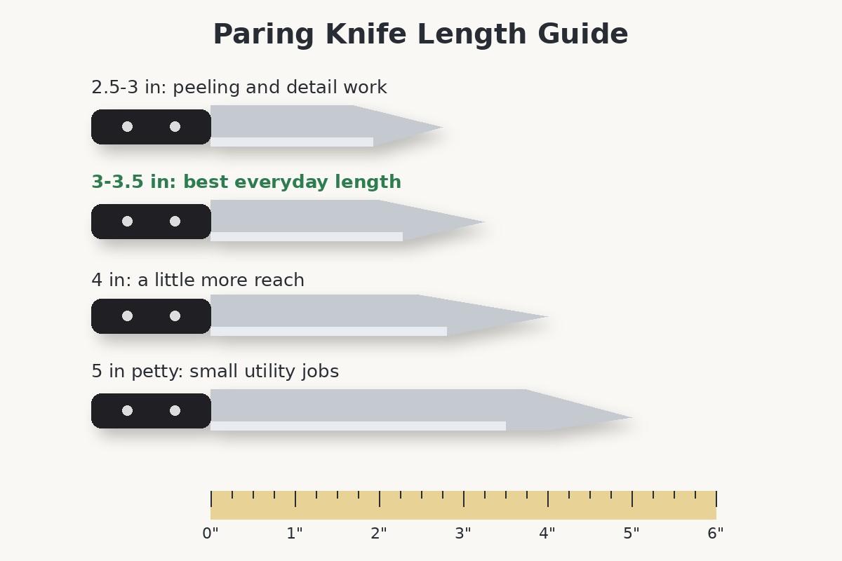 Paring knife length guide showing 2.5 to 5 inch blades against a ruler