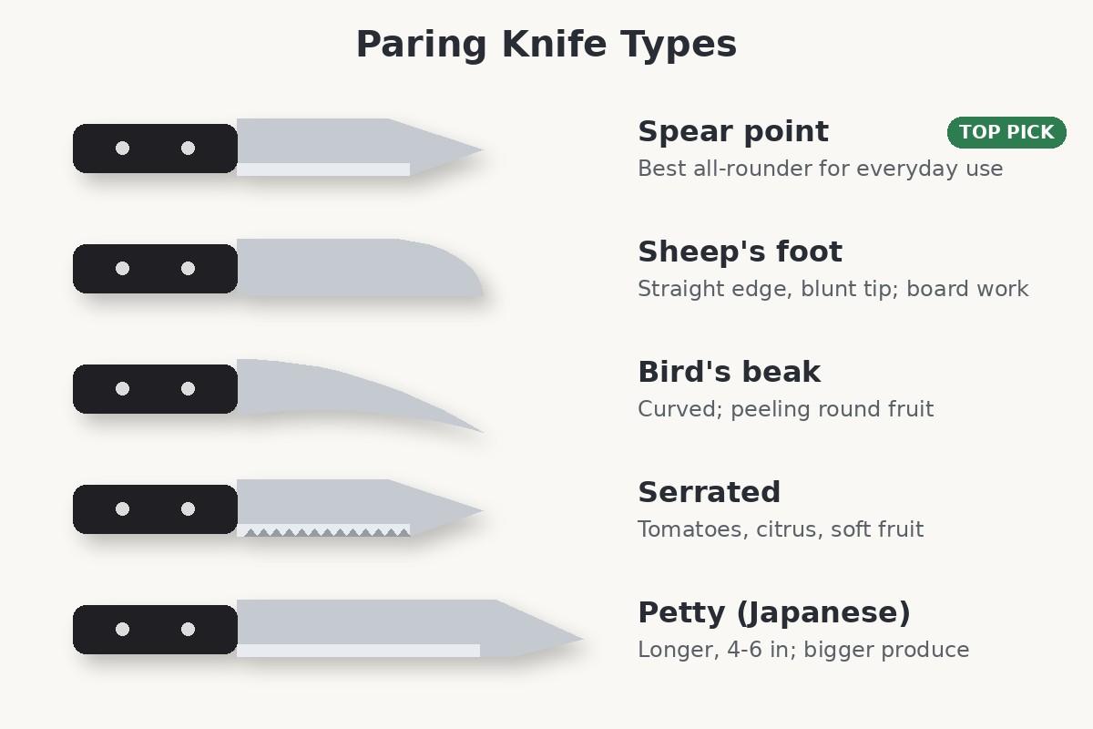 Chart comparing spear point, sheep's foot, bird's beak, serrated and petty paring knife shapes