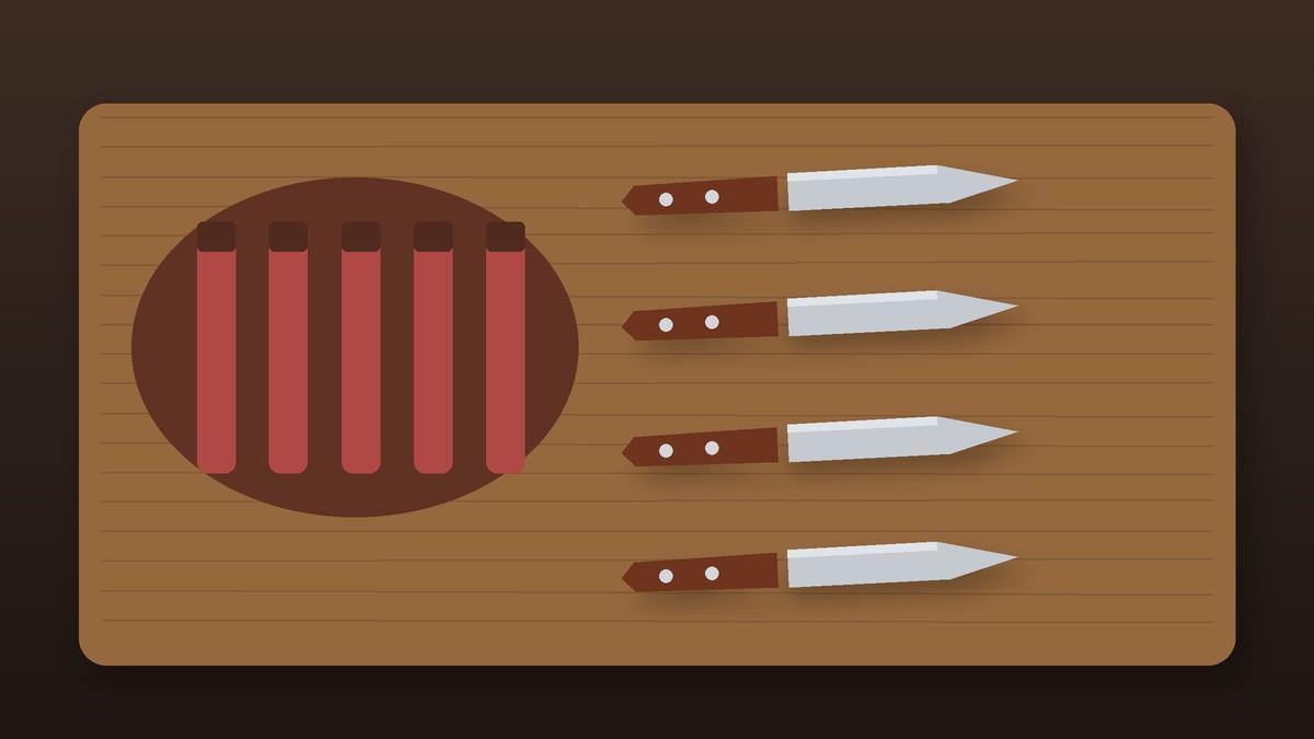 Illustration of four steak knives beside a sliced steak on a board