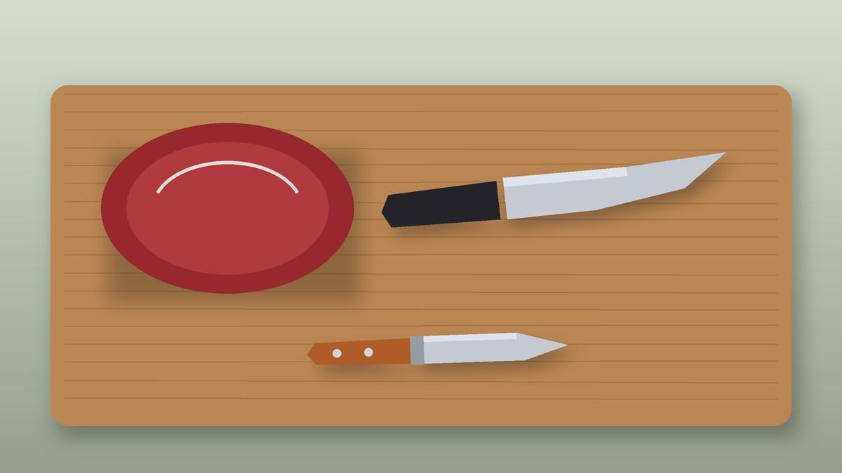 Illustration of a breaking knife and a small trimming knife beside a venison roast on a cutting board
