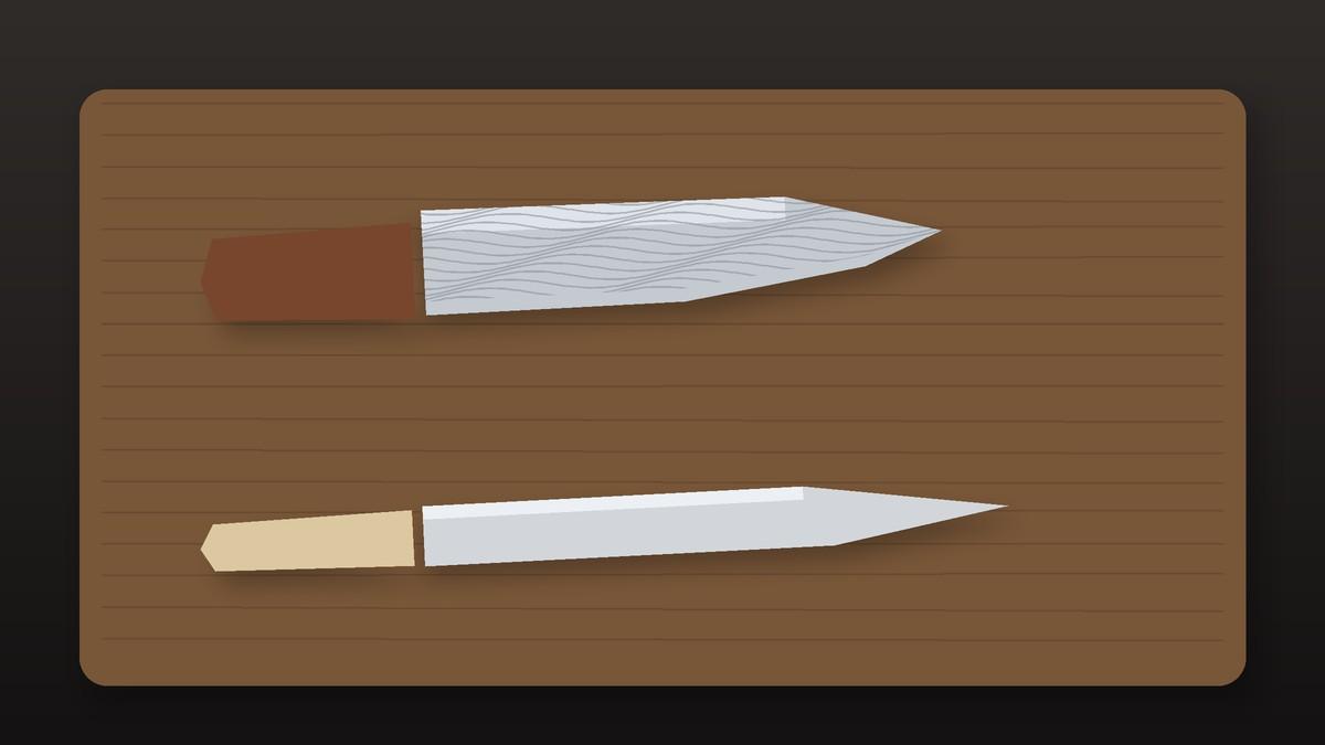 Illustration of a Damascus Japanese gyuto and a long yanagiba on a dark board