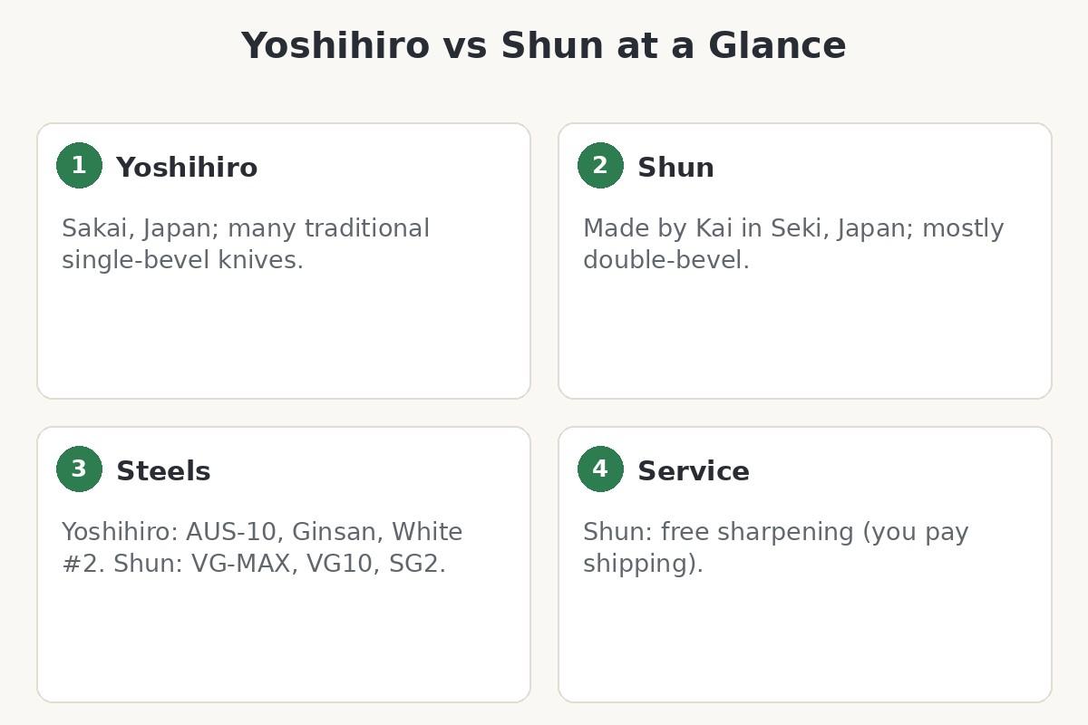 Diagram comparing Yoshihiro and Shun: origin, steels and service